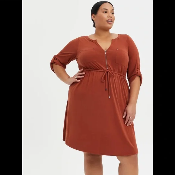 torrid | Dresses | Torrid Rust Colored Zip Front Flowy Tie Waist Button  Sleeve Solid Dress | Poshmark